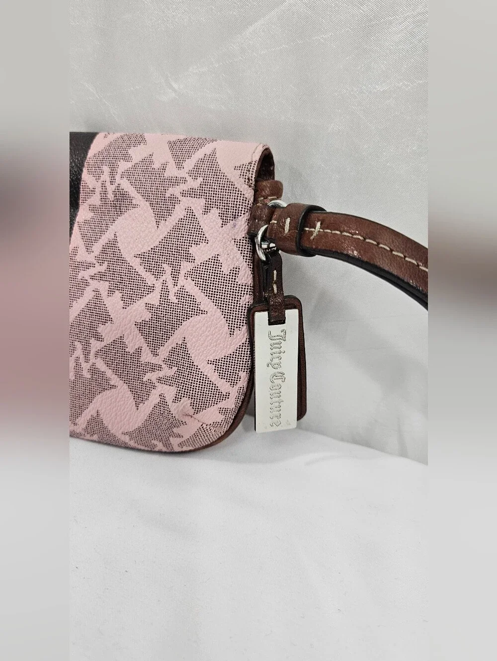 Juicy Couture Pink Logo Wristlet with Brown Trim and Black-White Stripe #299